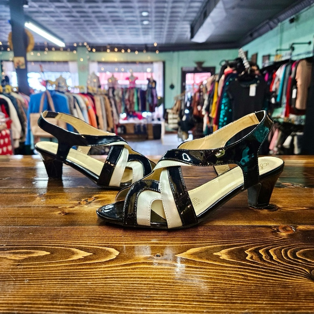 Patent Two-Tone Black and Cream Slingback Heels